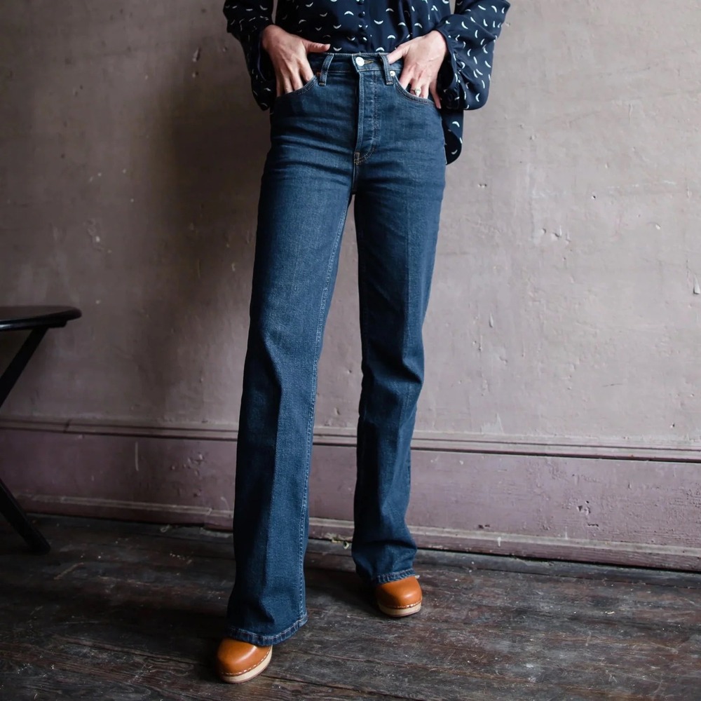 RE/DONE 70s High Rise Wide Leg Jeans Dark Rinse Blue Size 26